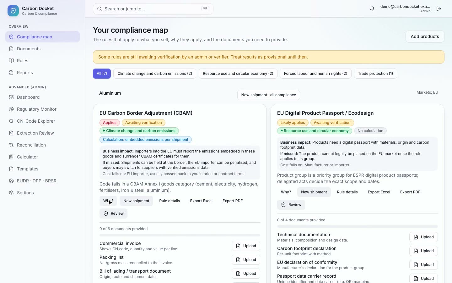 CarbonDocket compliance map with the CBAM rule highlighted